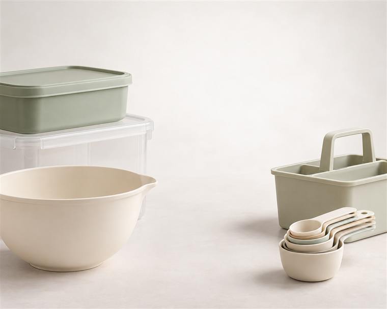 Kitchen storage containers and scoops